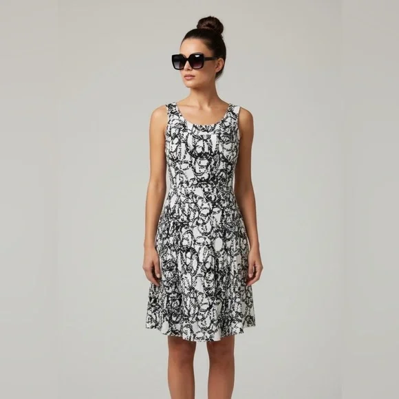 Calvin Klein Size 4 Fit & Flare Dress Sleeveless Black White Print - Picture 2 of 11